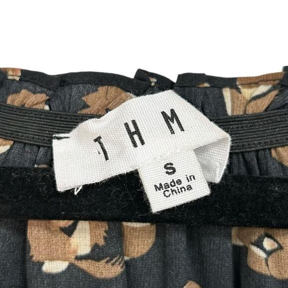 THML Black Brown Abstract Floral Print Front Tie Short Sleeve Top Womens Small - Picture 2 of 5